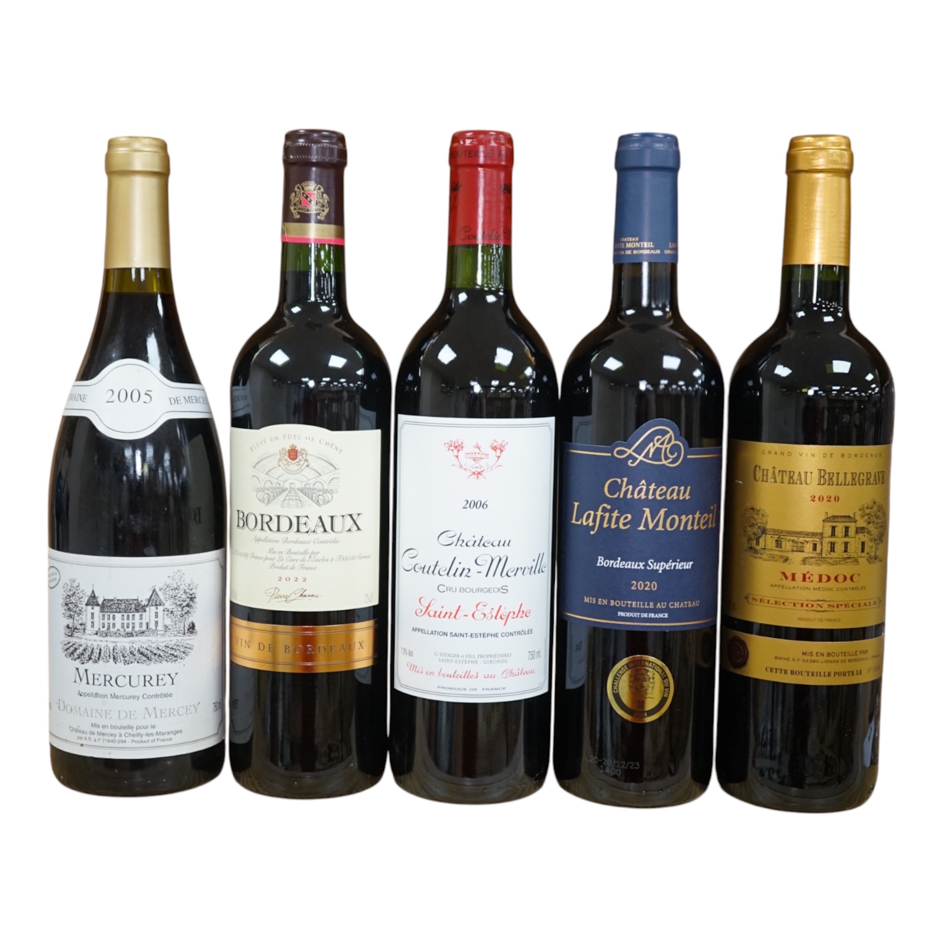 Five bottles of wine to include Chateau Conteha-Merville 2006 and Domaine De Mercey 2005. Condition - fair, storage history unknown